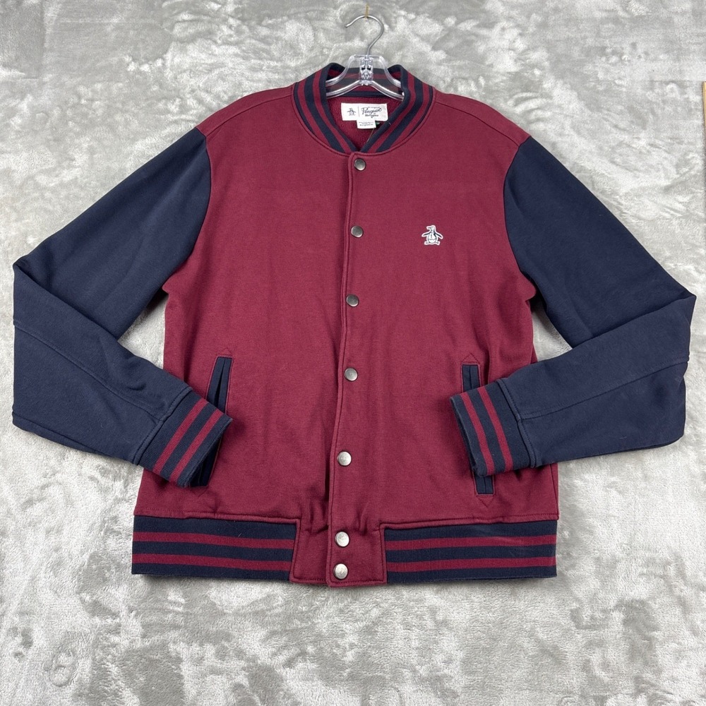 Original Penguin Mens Varsity Bomber Jacket Burgundy Navy Blue XS Fleece Snap